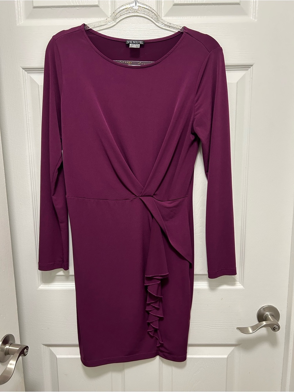 VENUS Plum Twist-Ruffle Long Sleeve Dress